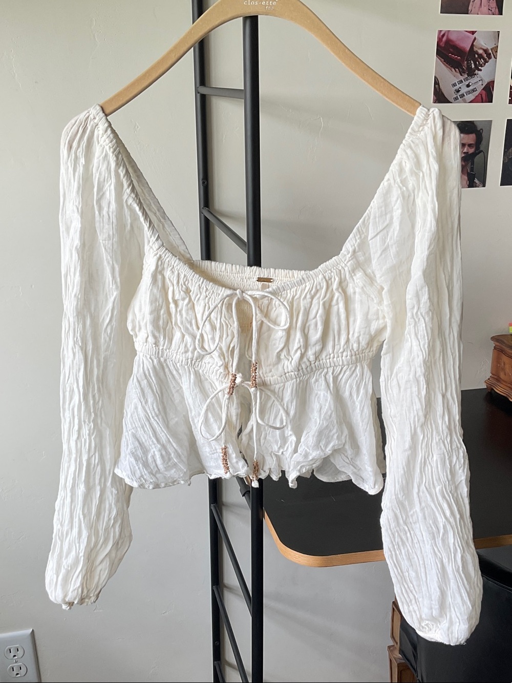 Free People Ivory Crinkled Tie-Front Peasant Blouse